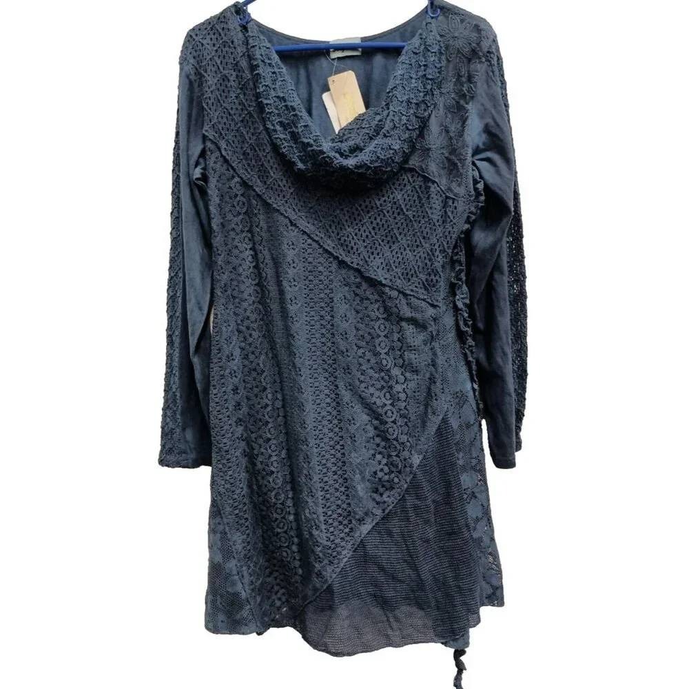 Grizas Lace Tunic Dress Womens M Blue Long Sleeve Cowl Neck Boho Lagenlook New